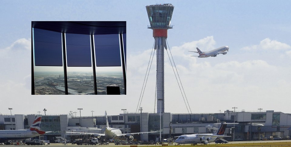 <div>Blendschutz in luftiger Höhe</div><div>Trapezförmige Rollos für Fenster im XXL-Format<br>Control-Tower des London Heathrow Airport</div> Blendschutz in luftiger Höhe